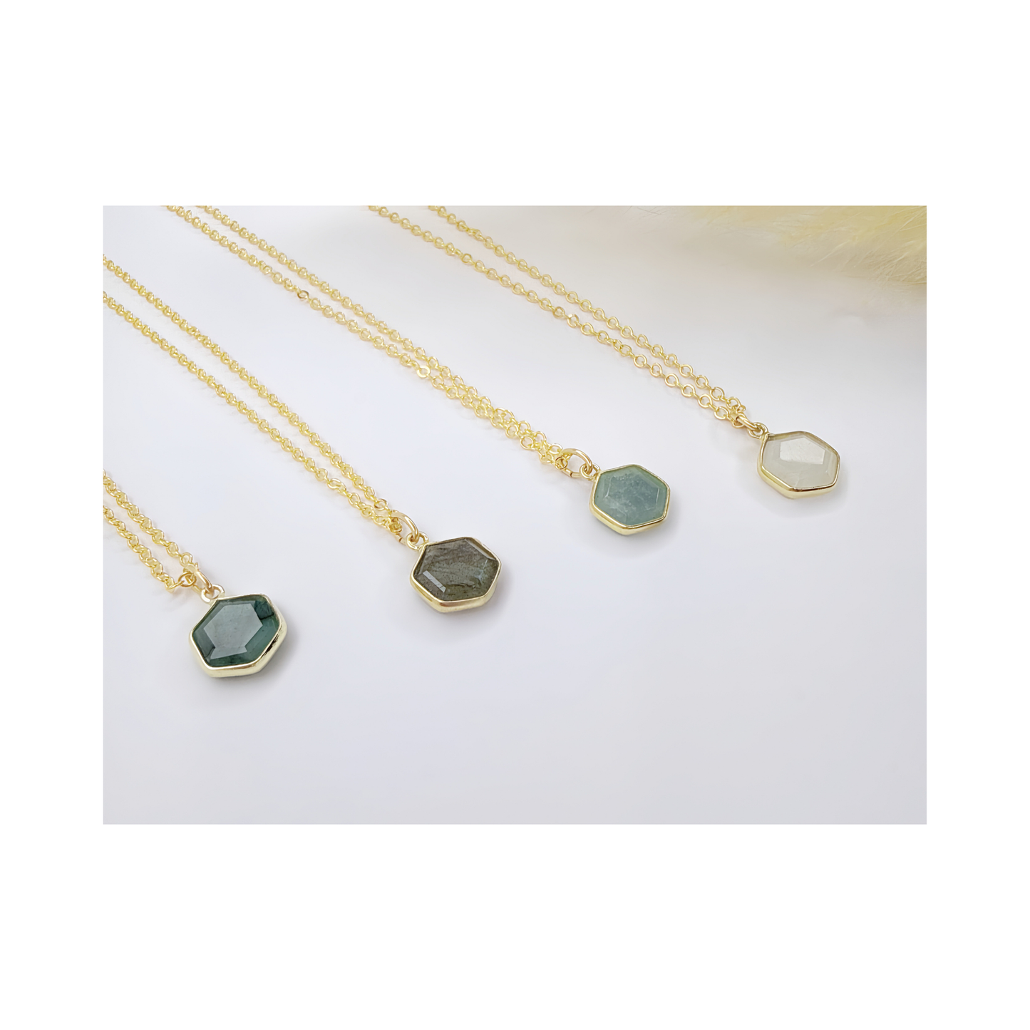 Hexagon Moonstone, Labradorite, Emerald, Aquamarine Necklace: 16K Gold Plated Pendant, June Birthstone