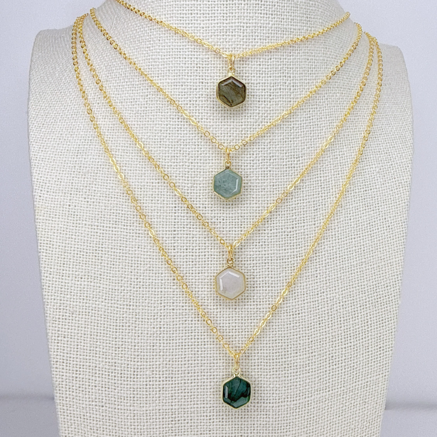 Hexagon Moonstone, Labradorite, Emerald, Aquamarine Necklace: 16K Gold Plated Pendant, June Birthstone