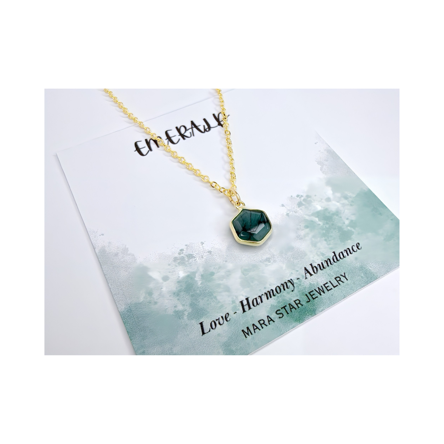 Hexagon Moonstone, Labradorite, Emerald, Aquamarine Necklace: 16K Gold Plated Pendant, June Birthstone