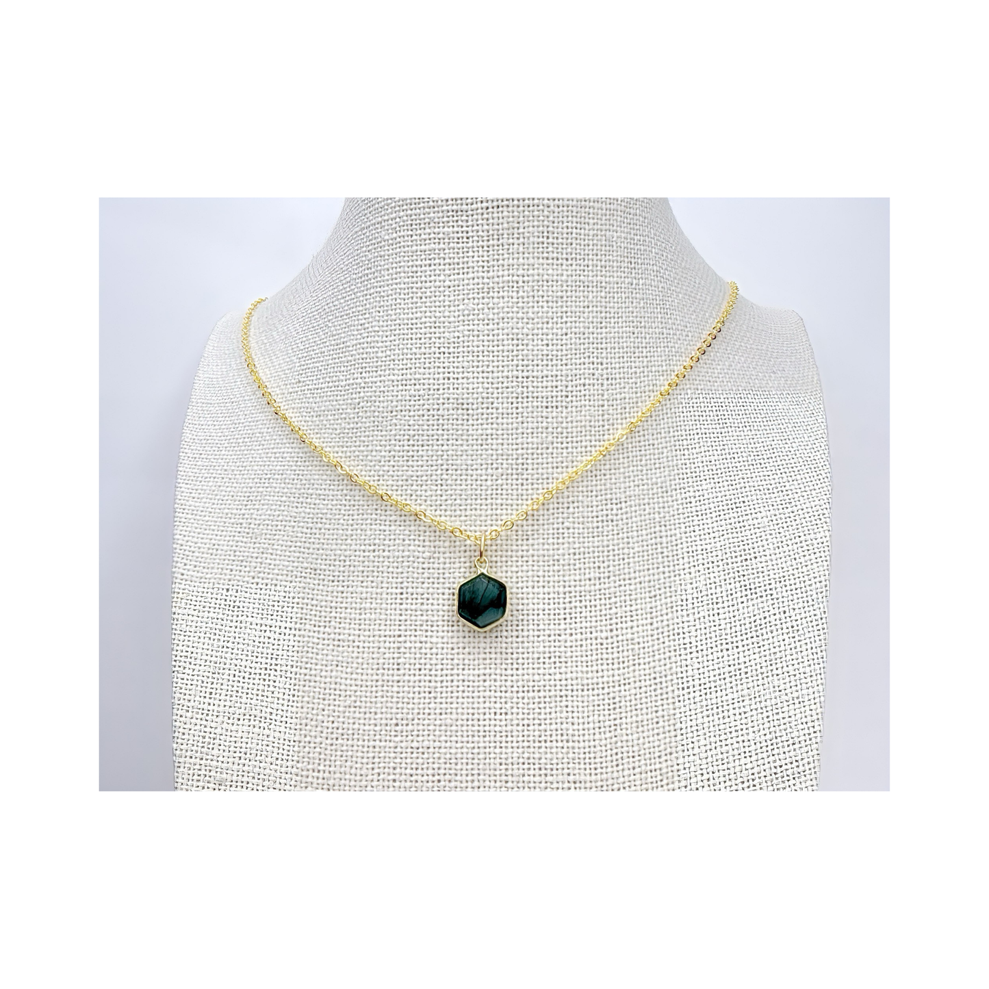 Hexagon Moonstone, Labradorite, Emerald, Aquamarine Necklace: 16K Gold Plated Pendant, June Birthstone