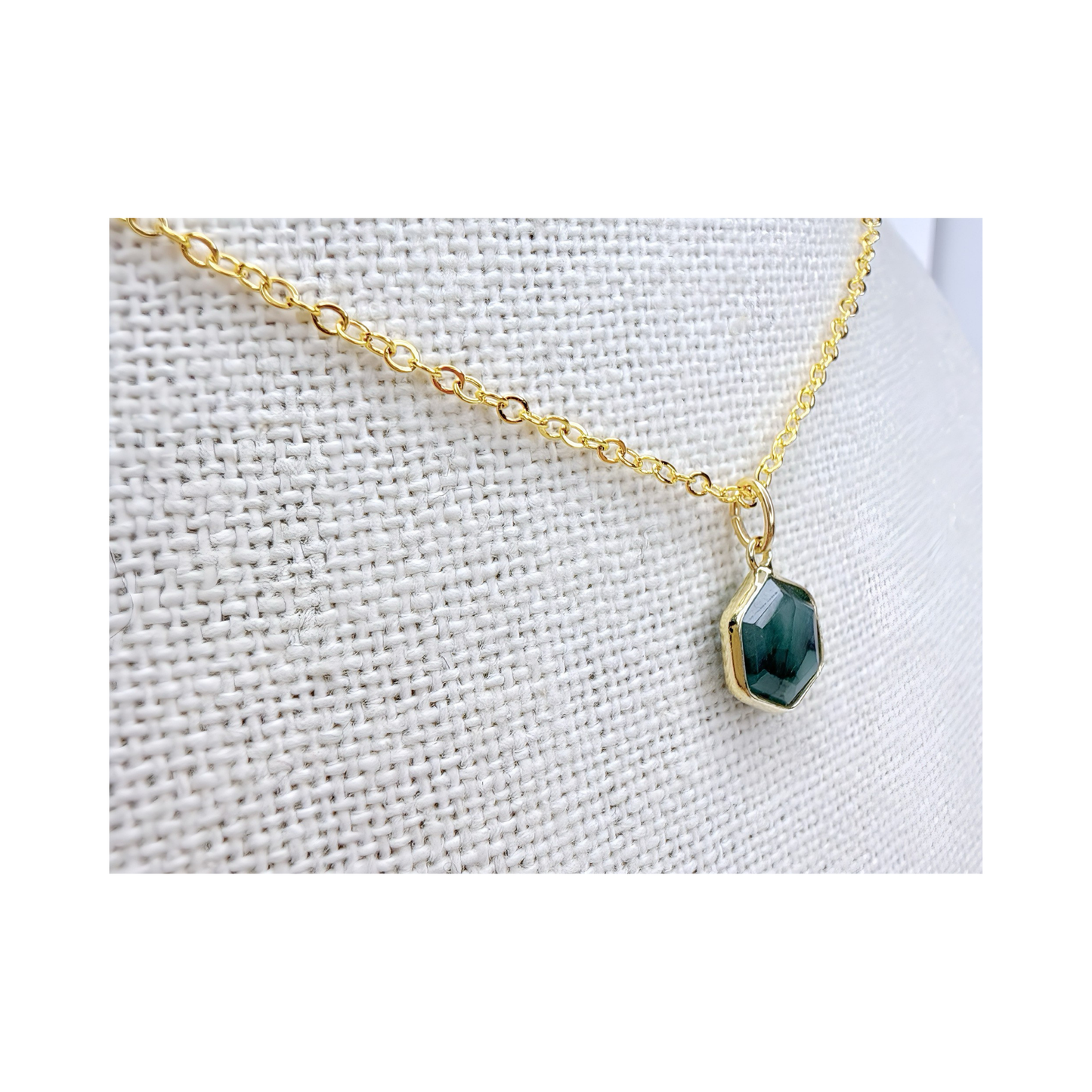 Hexagon Moonstone, Labradorite, Emerald, Aquamarine Necklace: 16K Gold Plated Pendant, June Birthstone