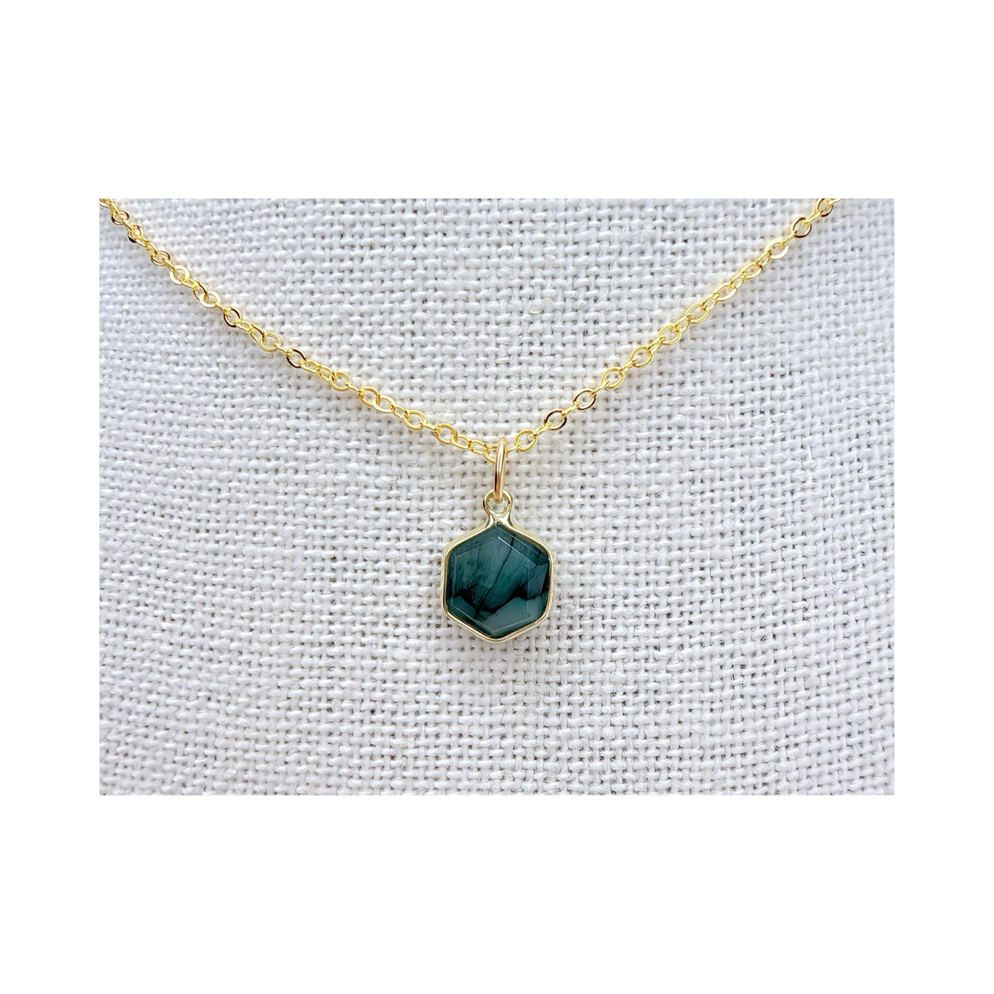 Hexagon Moonstone, Labradorite, Emerald, Aquamarine Necklace: 16K Gold Plated Pendant, June Birthstone