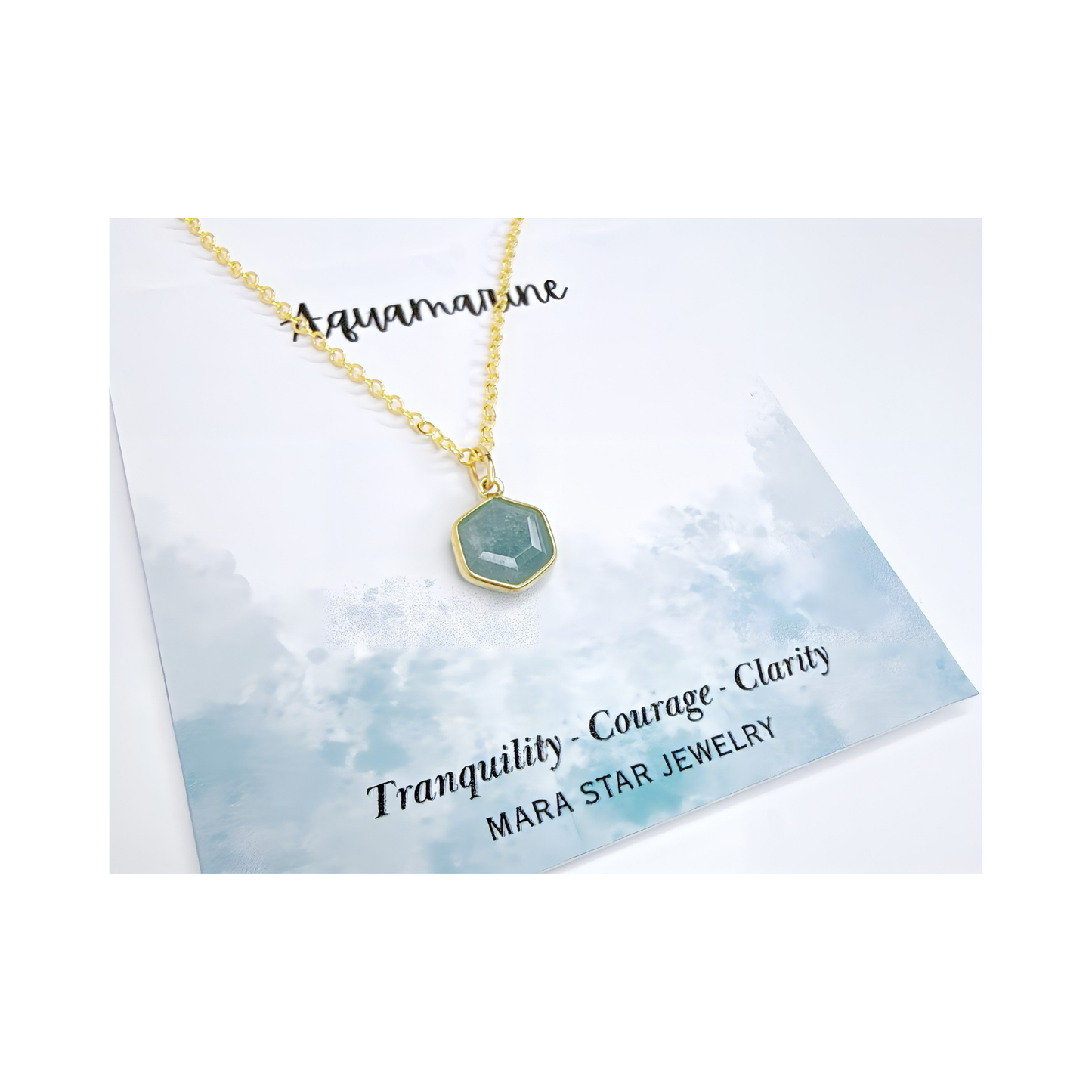 Hexagon Moonstone, Labradorite, Emerald, Aquamarine Necklace: 16K Gold Plated Pendant, June Birthstone