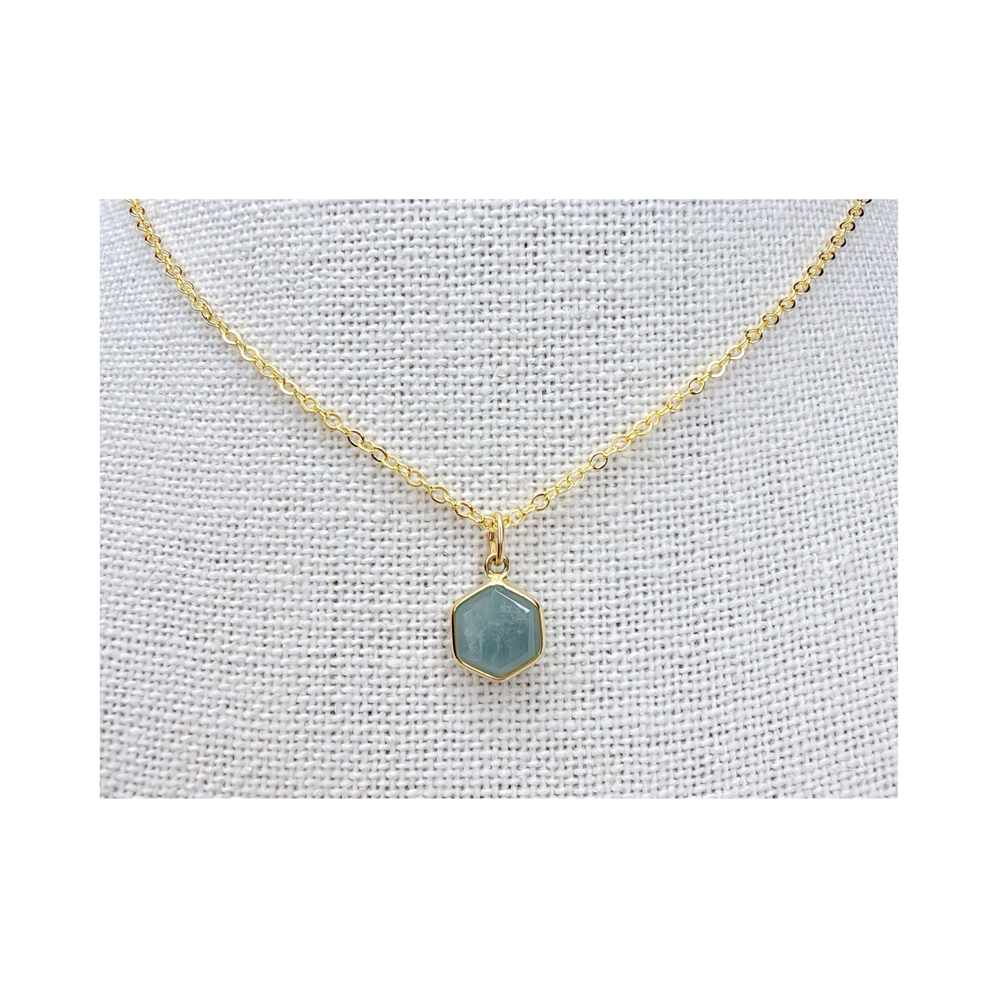 Hexagon Moonstone, Labradorite, Emerald, Aquamarine Necklace: 16K Gold Plated Pendant, June Birthstone