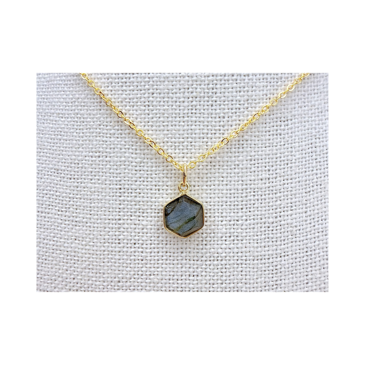 Hexagon Moonstone, Labradorite, Emerald, Aquamarine Necklace: 16K Gold Plated Pendant, June Birthstone