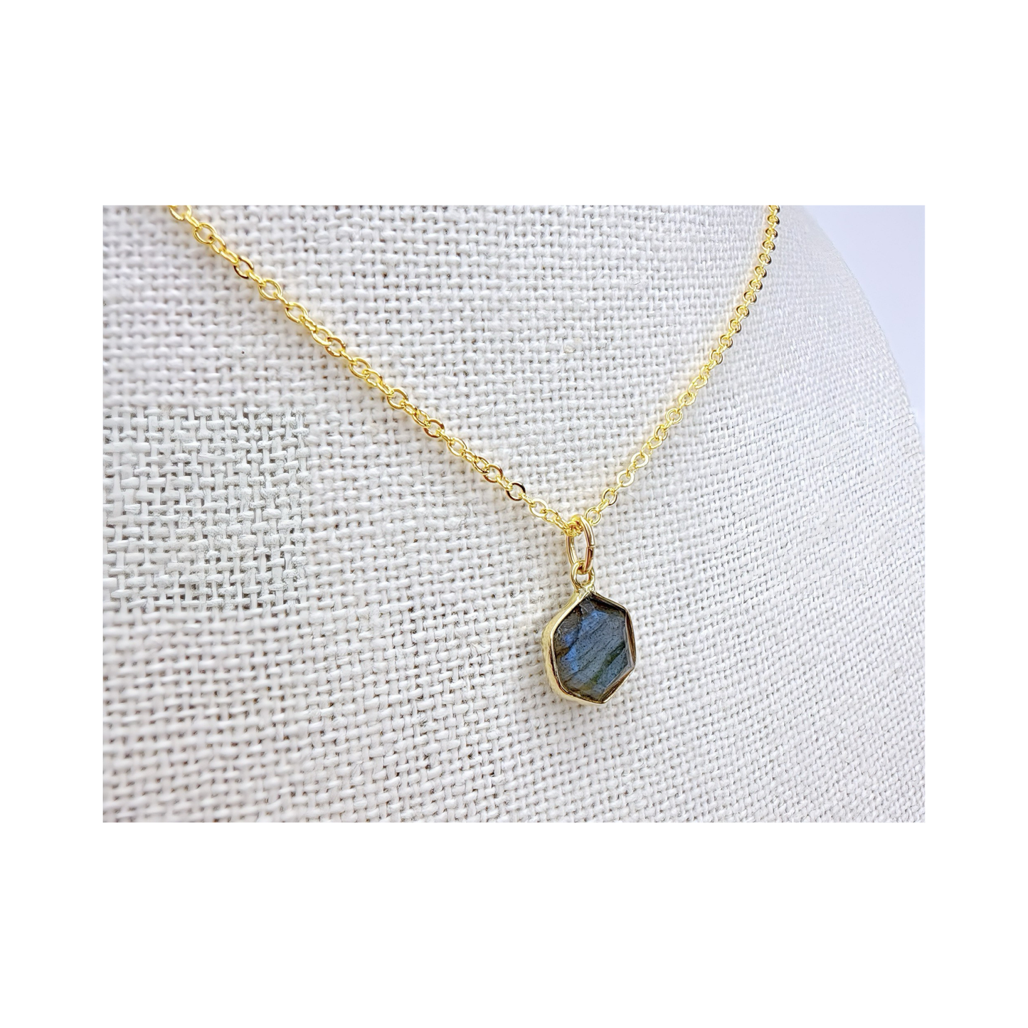 Hexagon Moonstone, Labradorite, Emerald, Aquamarine Necklace: 16K Gold Plated Pendant, June Birthstone
