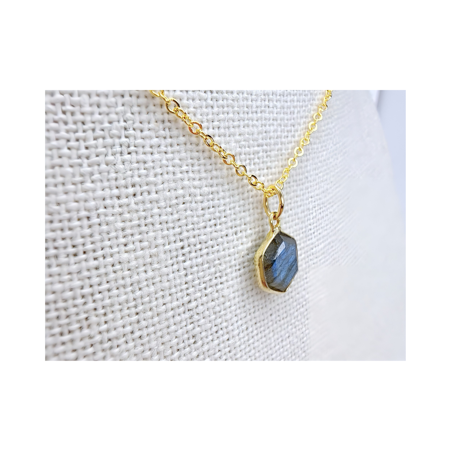 Hexagon Moonstone, Labradorite, Emerald, Aquamarine Necklace: 16K Gold Plated Pendant, June Birthstone