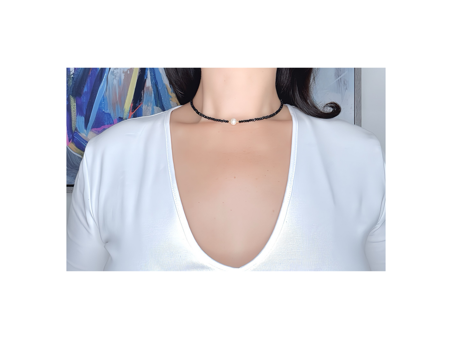 Black Crystal Choker with Freshwater Pearl