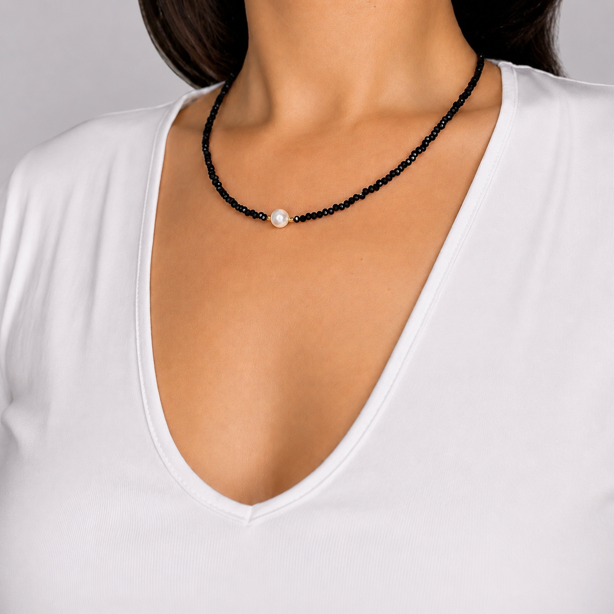 Black Crystal Choker with Freshwater Pearl