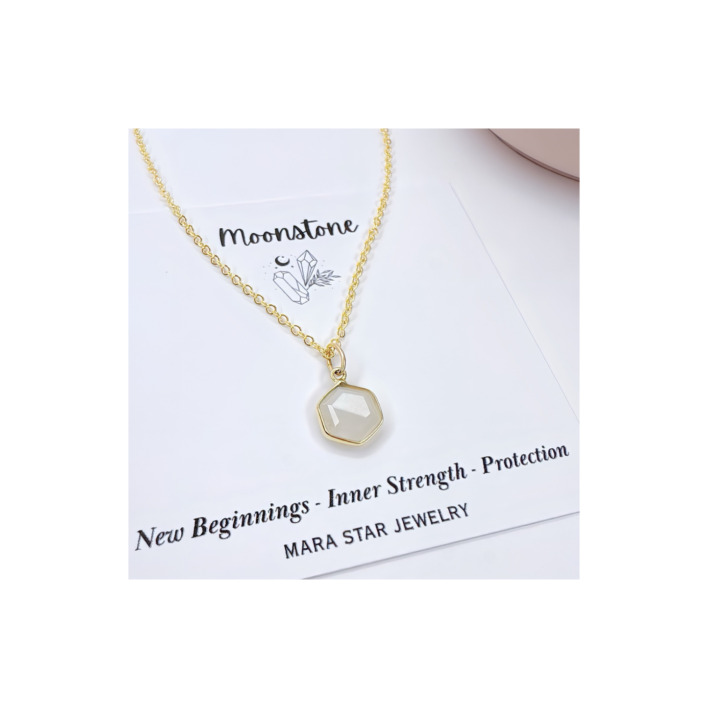 Hexagon Moonstone, Labradorite, Emerald, Aquamarine Necklace: 16K Gold Plated Pendant, June Birthstone