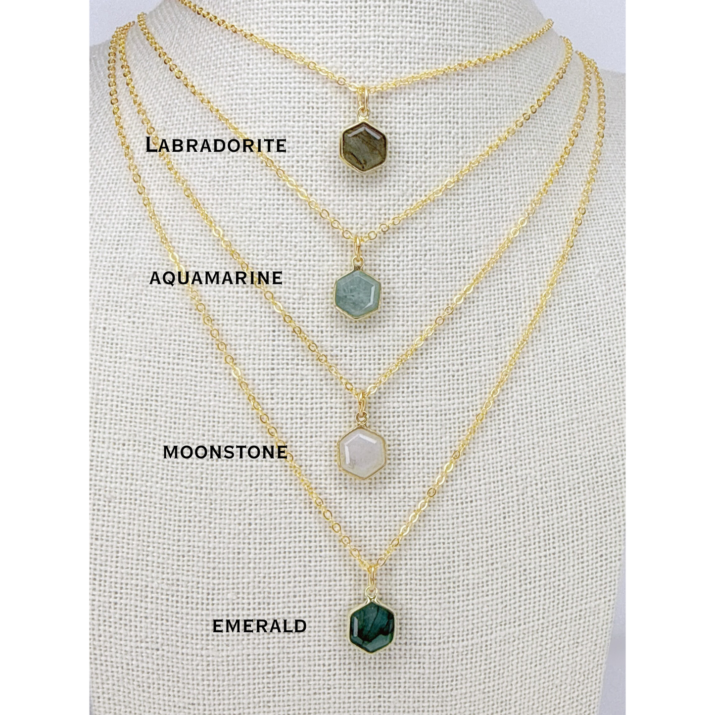 Hexagon Moonstone, Labradorite, Emerald, Aquamarine Necklace: 16K Gold Plated Pendant, June Birthstone