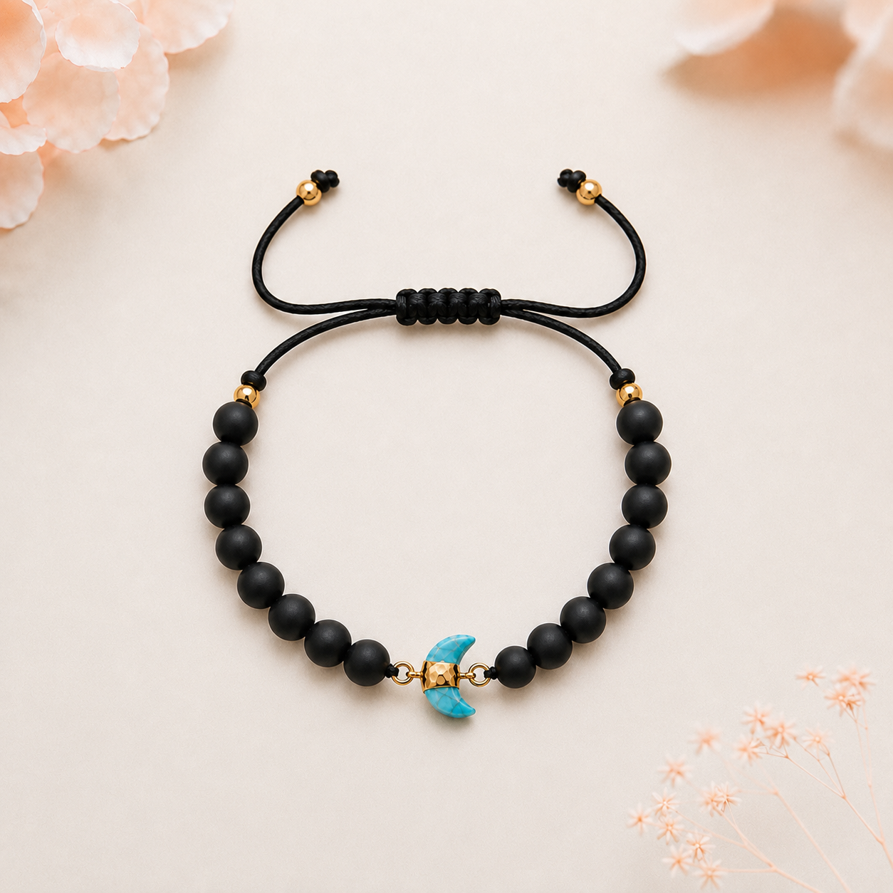 Matte Black Onyx and Turquoise Crescent Moon Bracelet