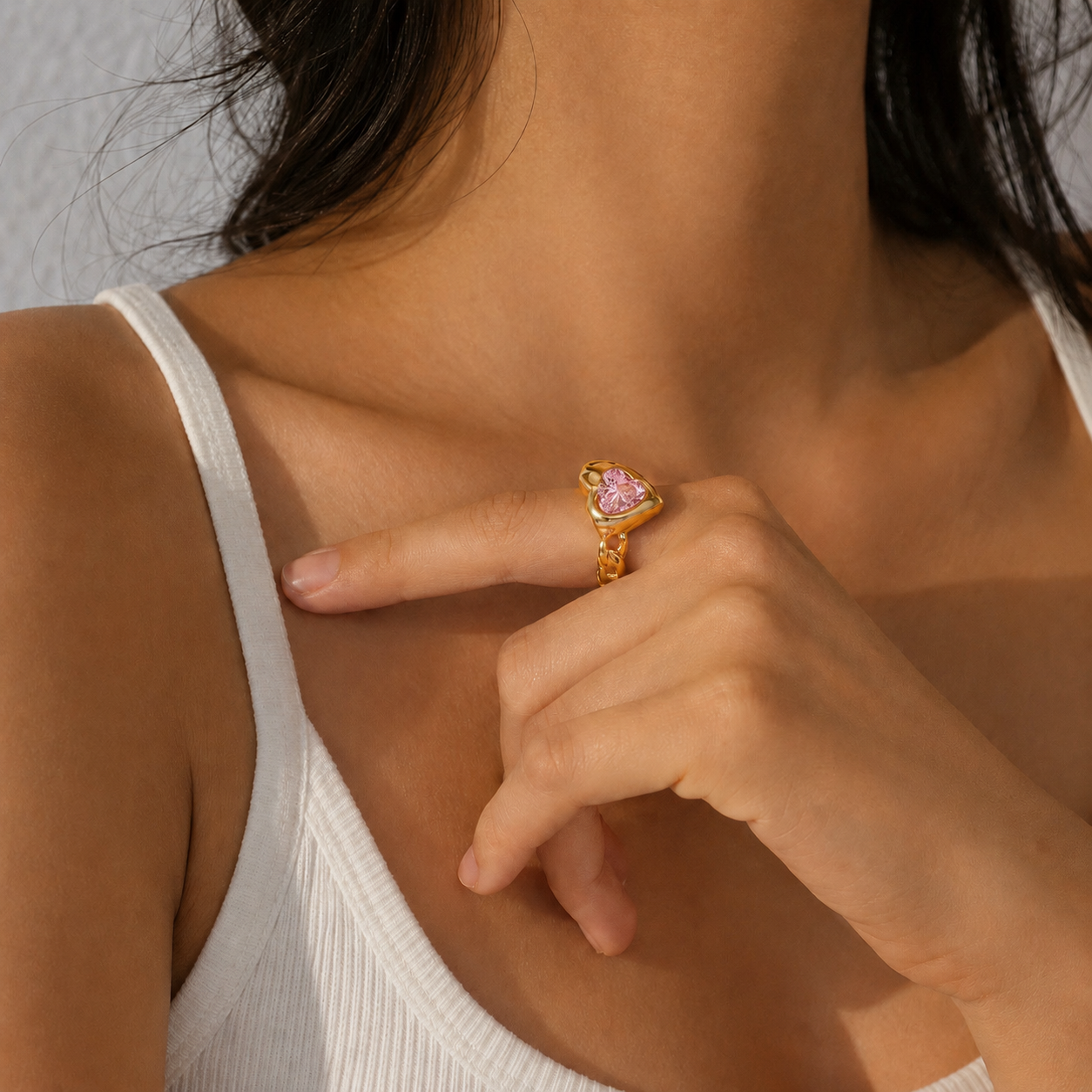 Pink Gem Heart Ring w/Chain Link Band