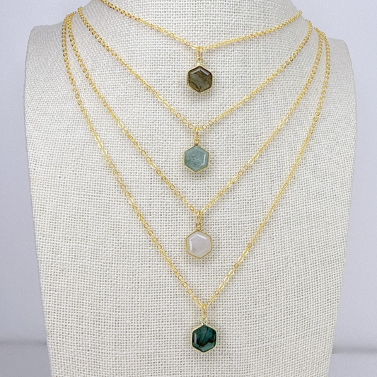 Hexagon Moonstone, Labradorite, Emerald, Aquamarine Necklace: 16K Gold Plated Pendant, June Birthstone