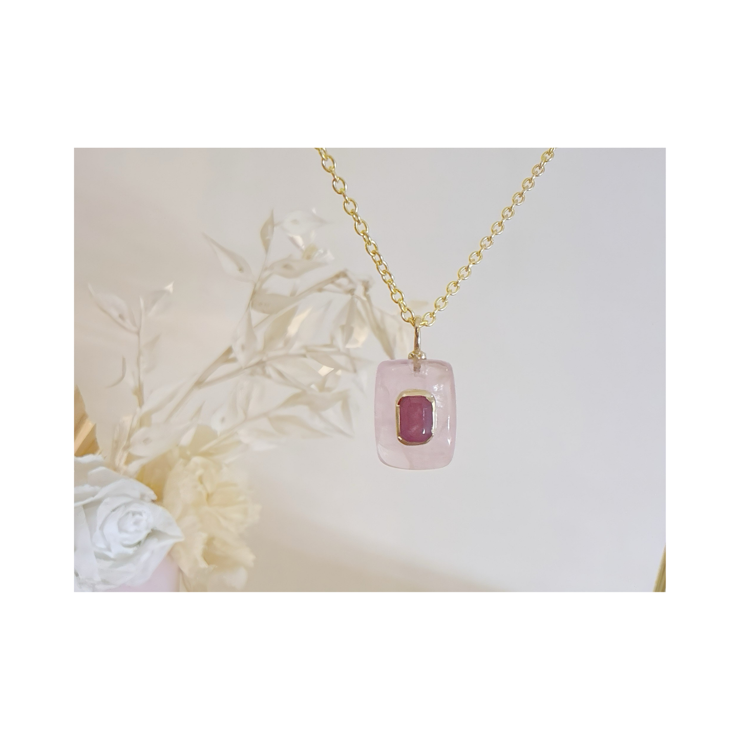 Rose Quartz Pink Sapphire Pendant Necklace: 18K Gold Vermeil Sterling Silver