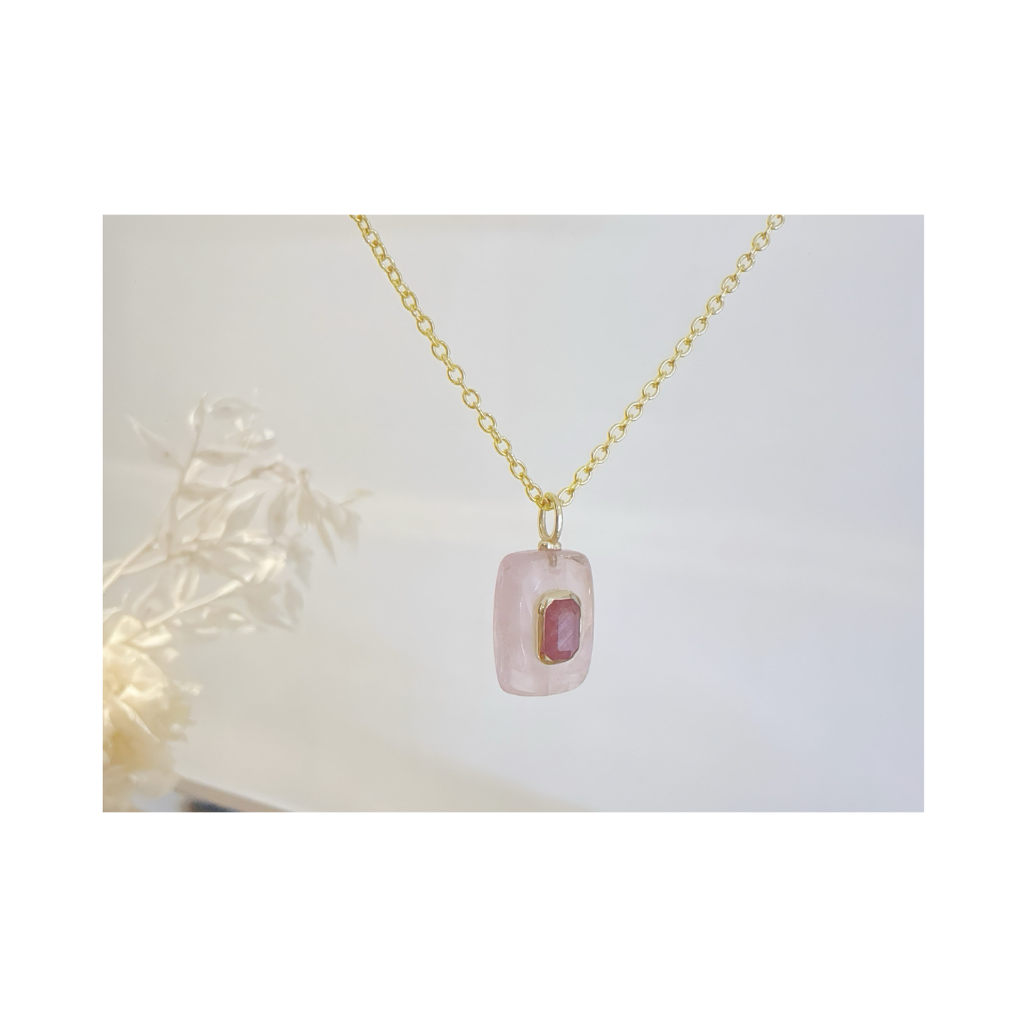 Rose Quartz Pink Sapphire Pendant Necklace: 18K Gold Vermeil Sterling Silver