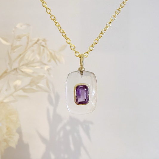 Crystal Quartz Amethyst Pendant Necklace: 18K Gold Vermeil Sterling Silver