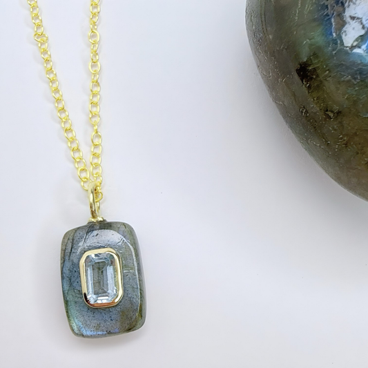 Labradorite Blue Topaz Pendant Necklace: 18K Gold Vermeil Sterling Silver