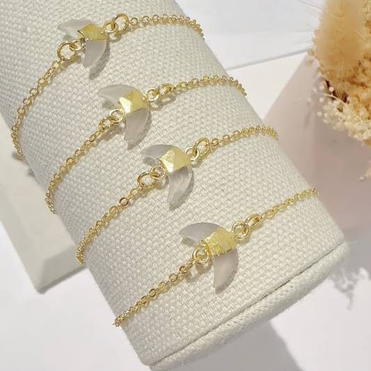 Dainty White Chalcedony Crescent Moon Gold Chain Bracelet : Celestial Charm