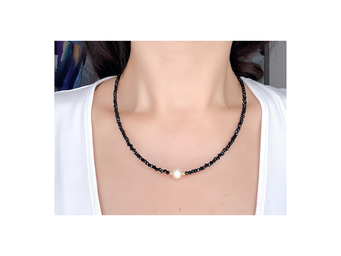 Black Crystal Choker with Freshwater Pearl