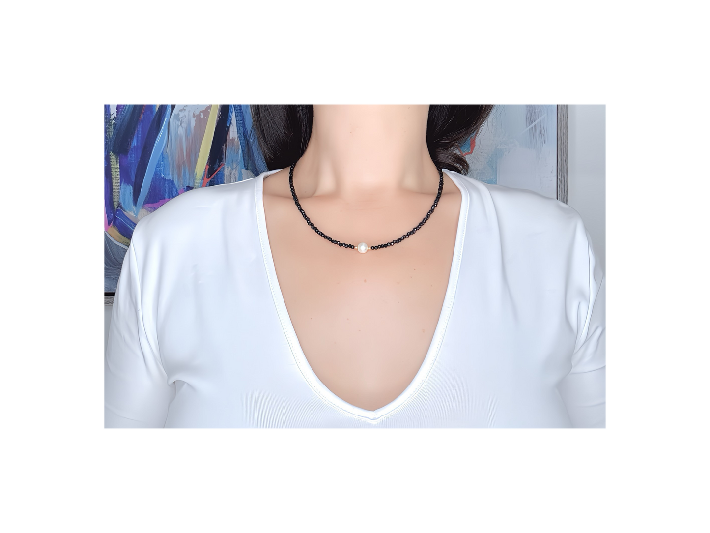 Black Crystal Choker with Freshwater Pearl