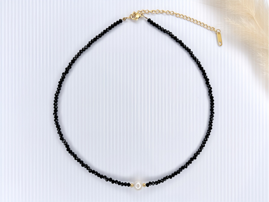 Black Crystal Choker with Freshwater Pearl