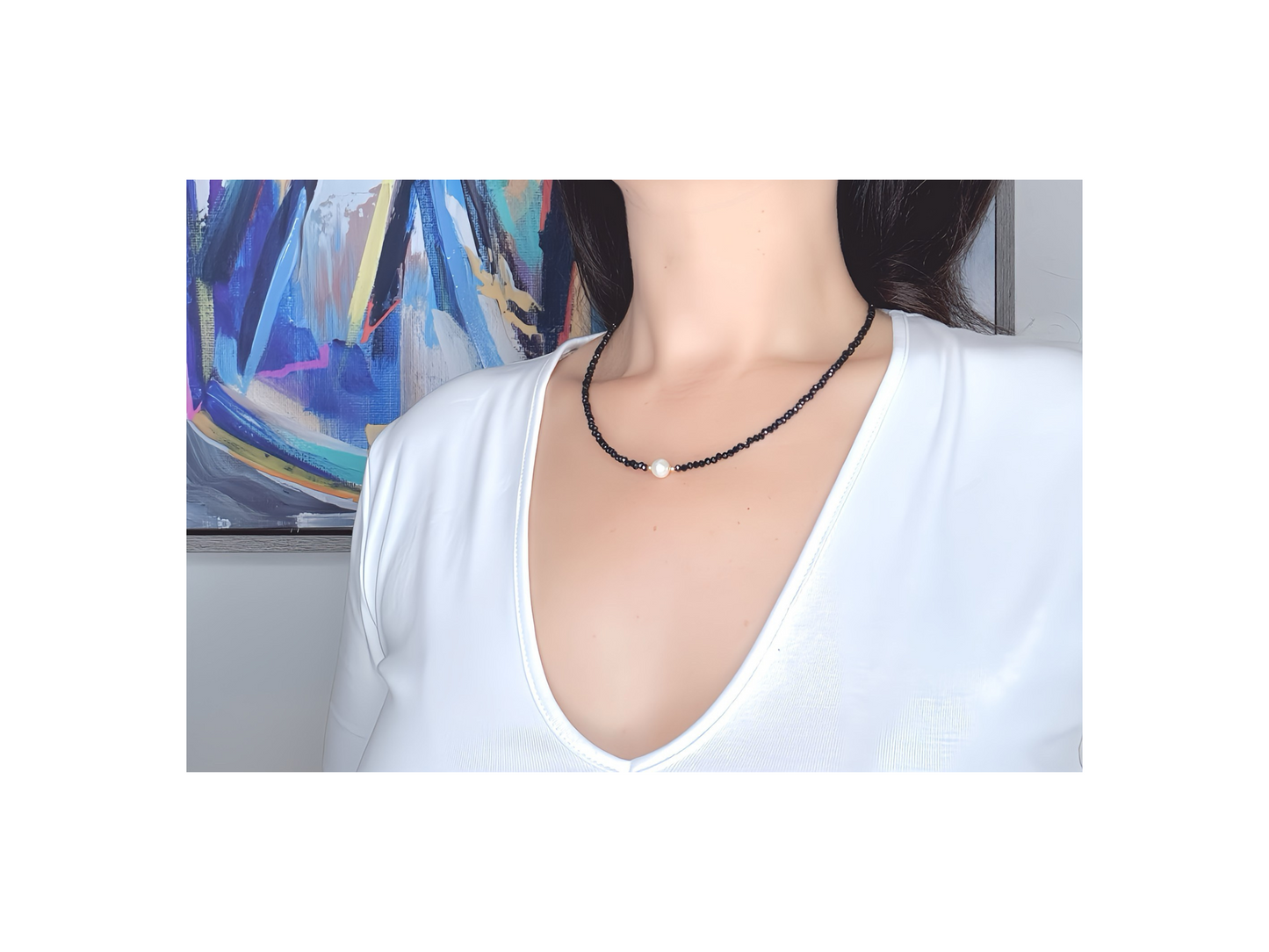 Black Crystal Choker with Freshwater Pearl