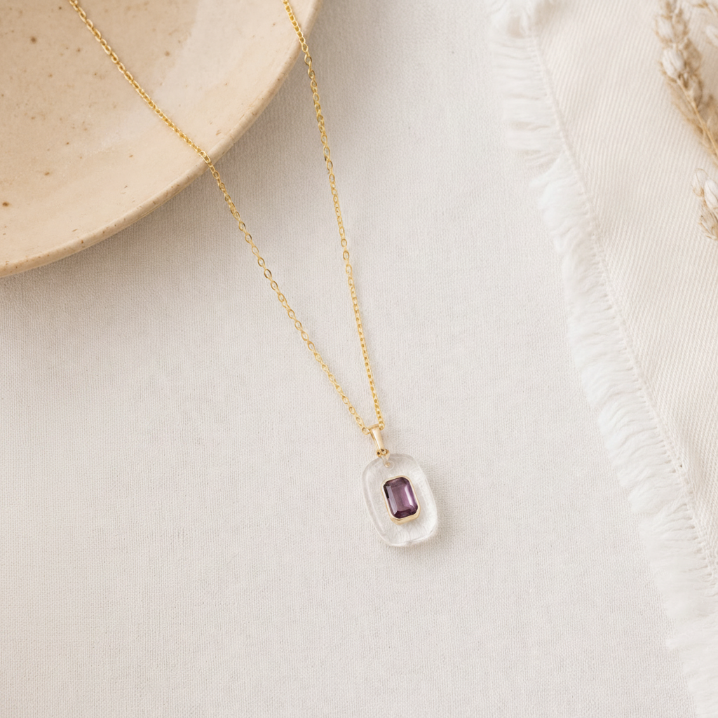 Crystal Quartz Amethyst Pendant Necklace: 18K Gold Vermeil Sterling Silver