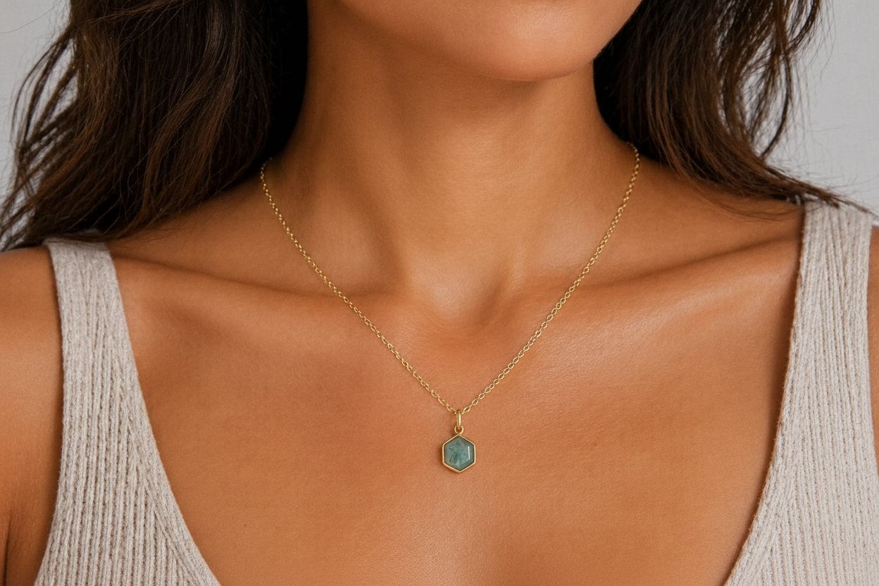 Hexagon Moonstone, Labradorite, Emerald, Aquamarine Necklace: 16K Gold Plated Pendant, June Birthstone