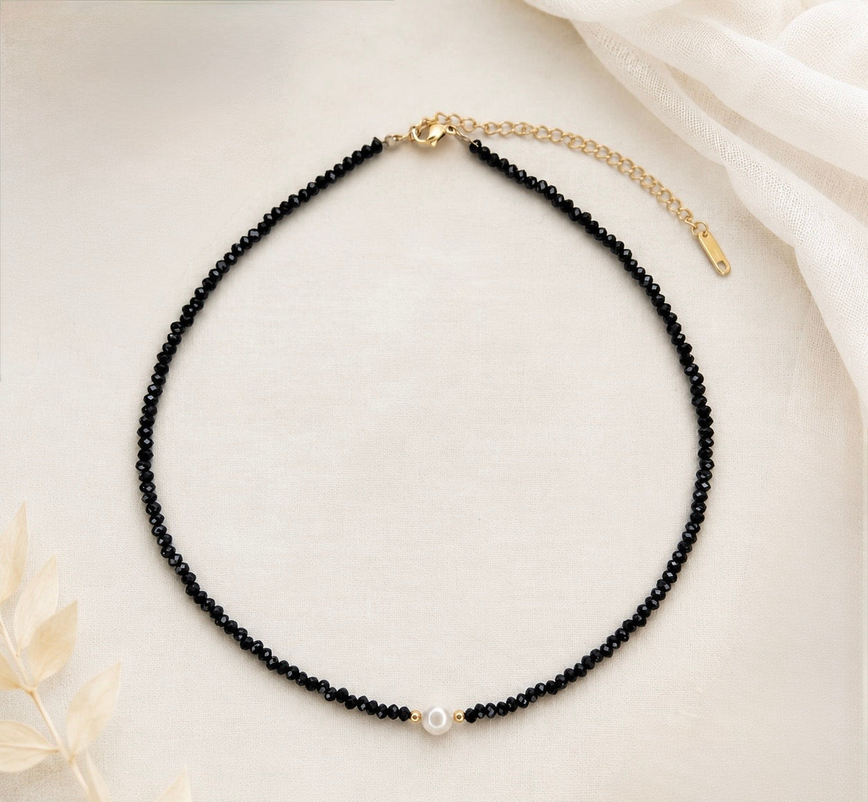 Black Crystal Choker with Freshwater Pearl