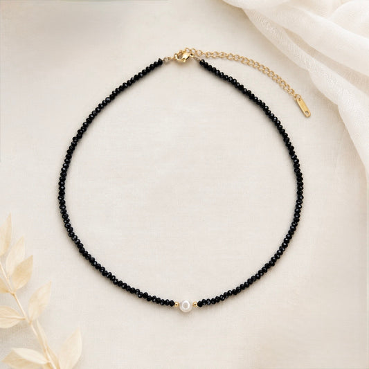 Black Crystal Choker with Freshwater Pearl