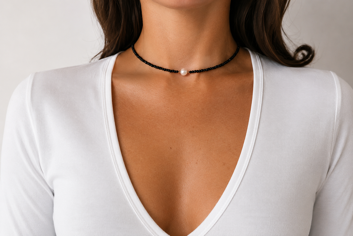 Black Crystal Choker with Freshwater Pearl