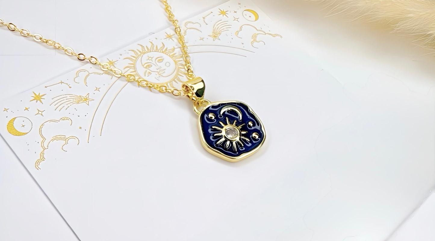 Navy Blue Enamel Sun Moon Necklace