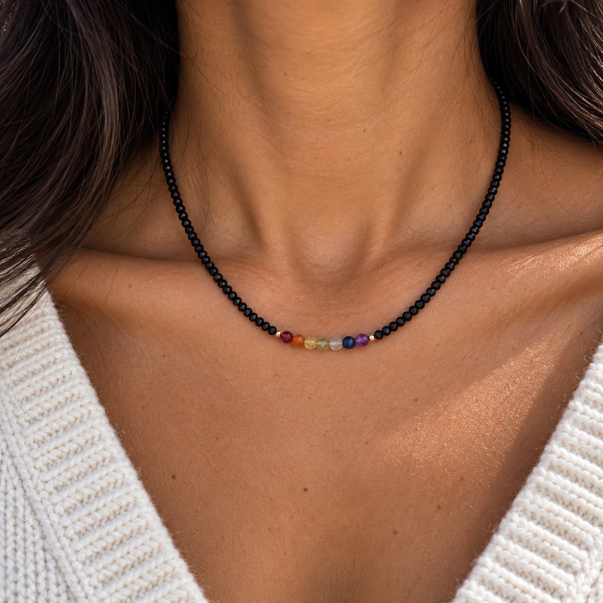 Black Onyx and Chakra Stone Necklace