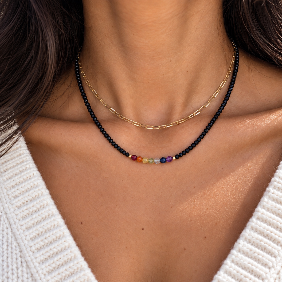 Black Onyx and Chakra Stone Necklace