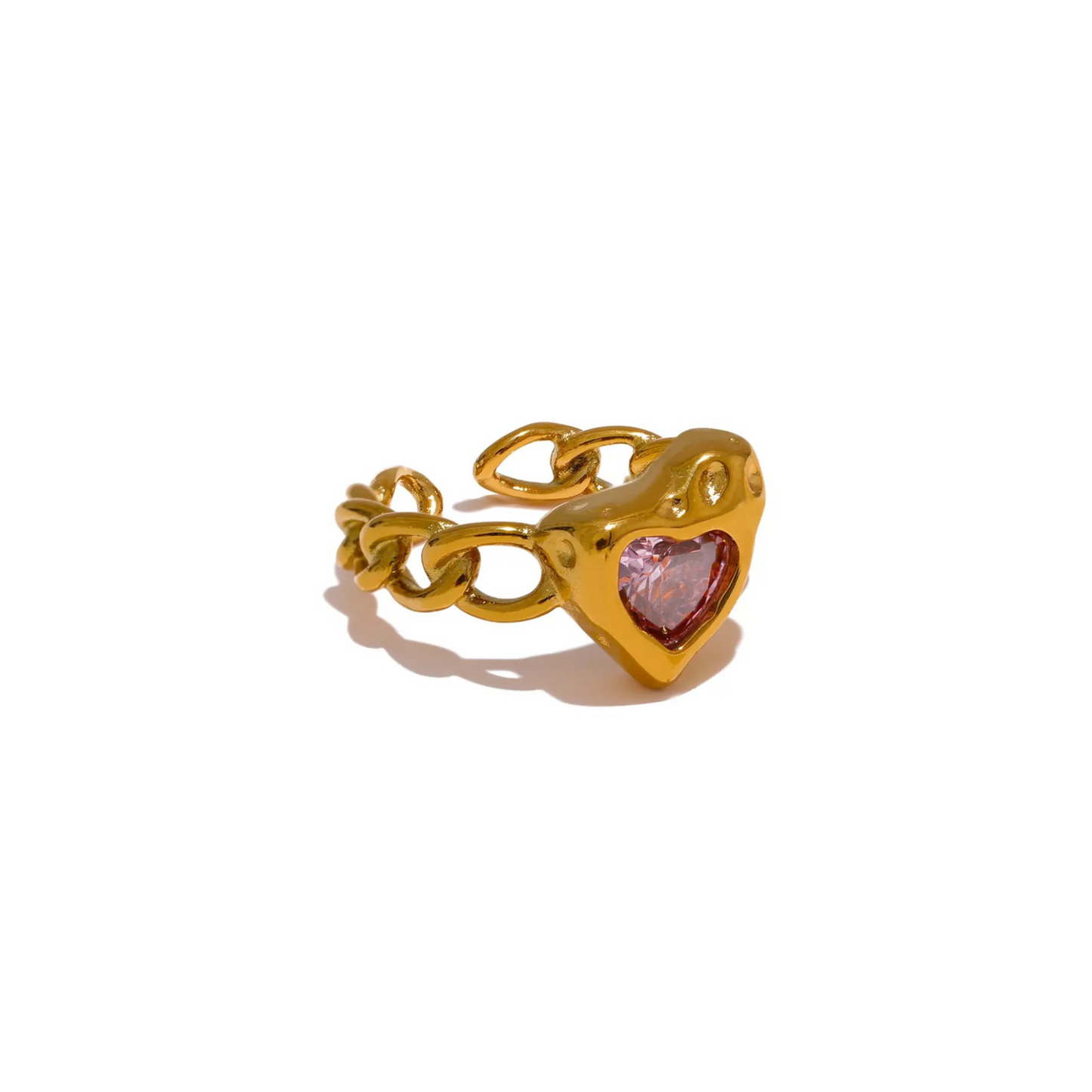 Pink Gem Heart Ring w/Chain Link Band