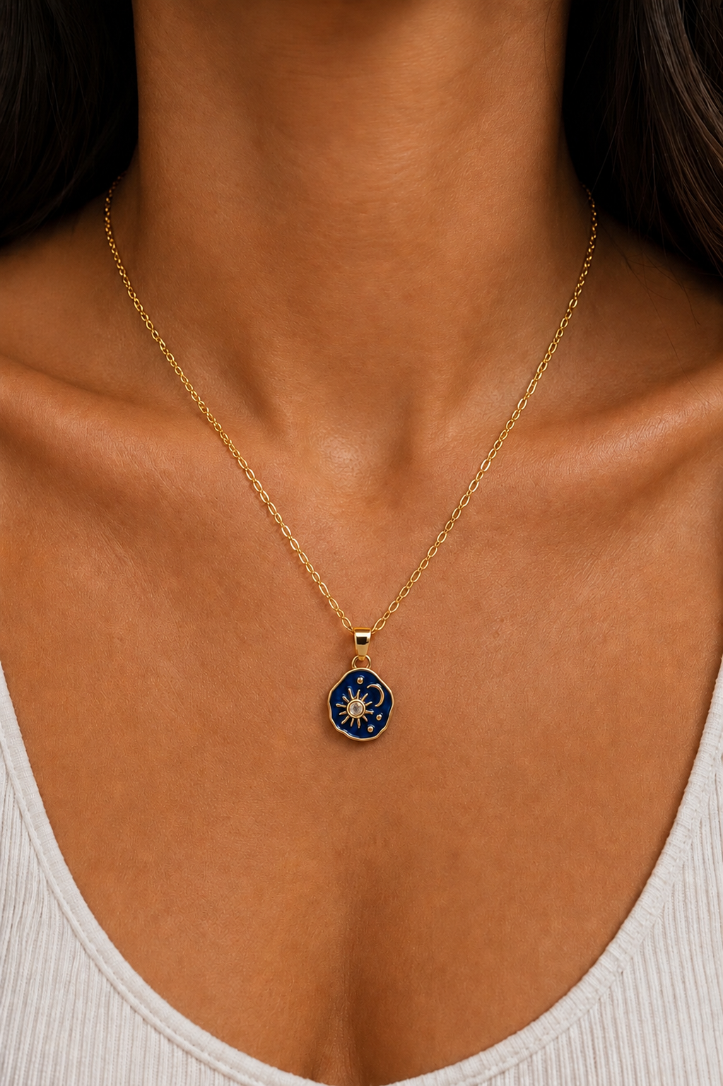 Navy Blue Enamel Sun Moon Necklace