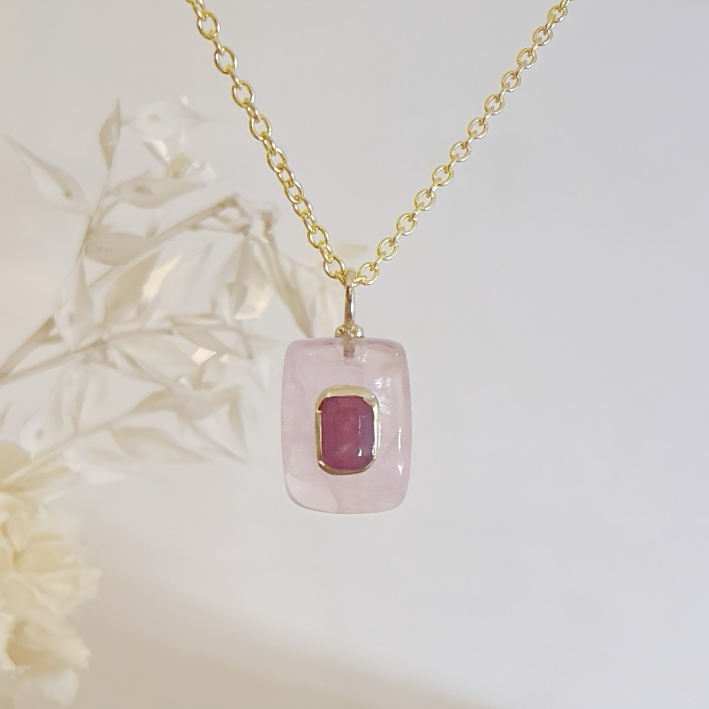 Rose Quartz Pink Sapphire Pendant Necklace: 18K Gold Vermeil Sterling Silver