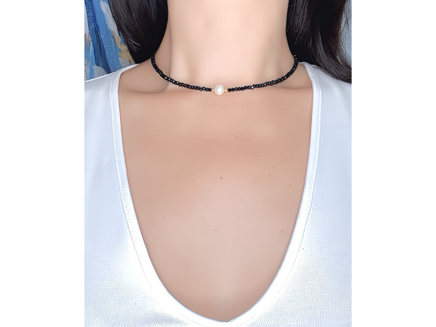 Black Crystal Choker with Freshwater Pearl