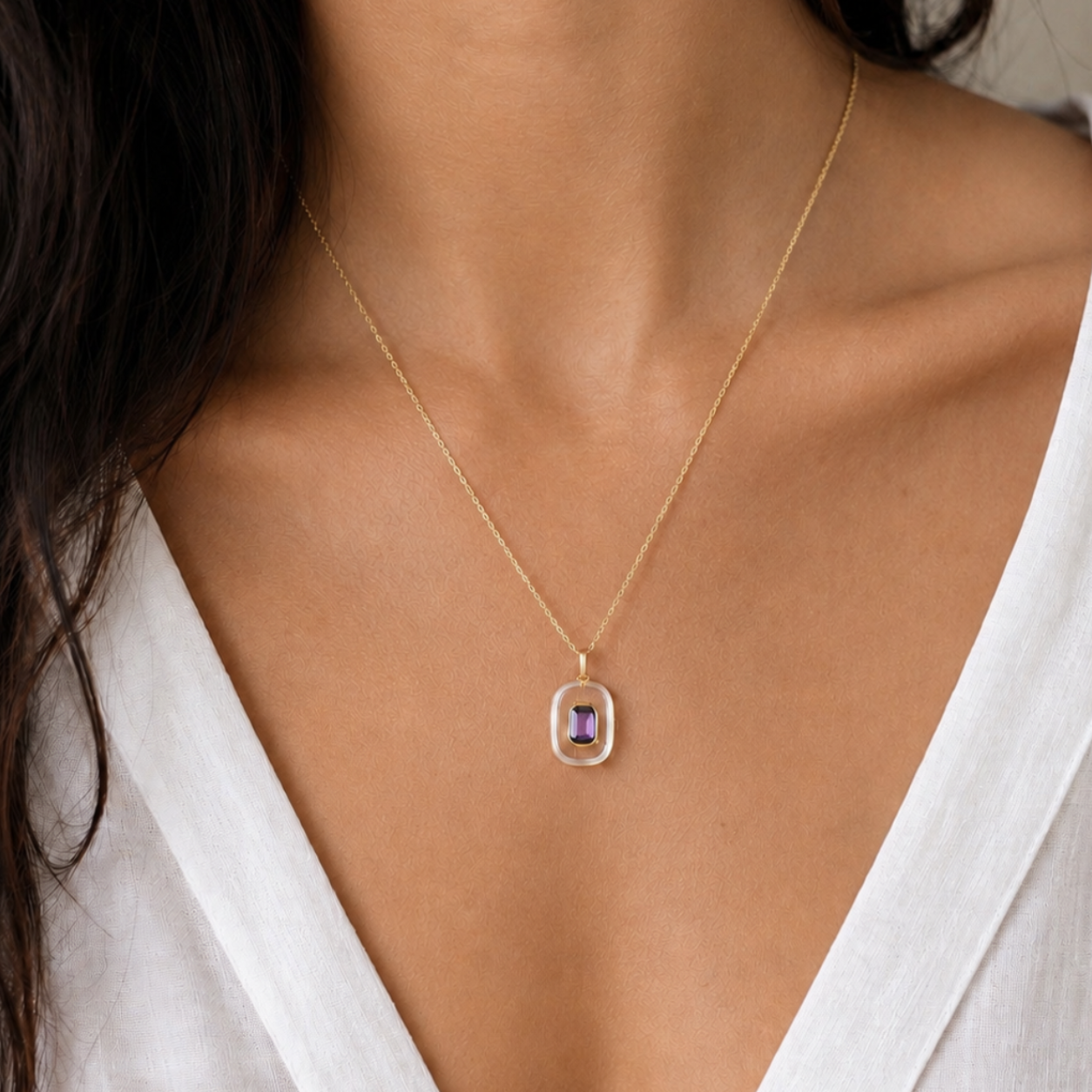 Crystal Quartz Amethyst Pendant Necklace: 18K Gold Vermeil Sterling Silver