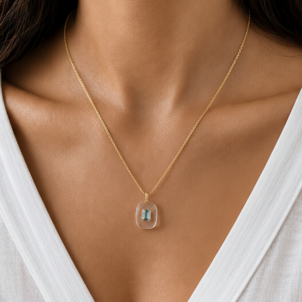 Crystal Quartz Blue Topaz Pendant Necklace: 18K Gold Vermeil Sterling Silver