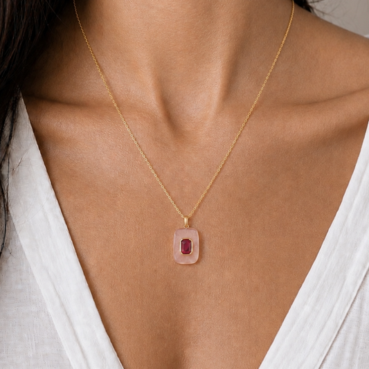 Rose Quartz Garnet Gold Vermeil Necklace