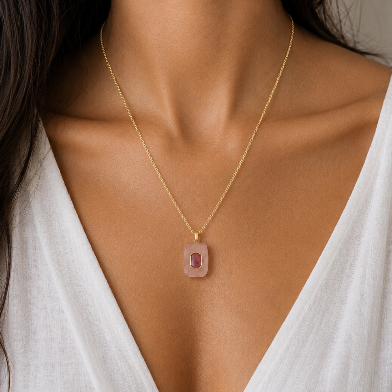 Rose Quartz Pink Sapphire Pendant Necklace: 18K Gold Vermeil Sterling Silver