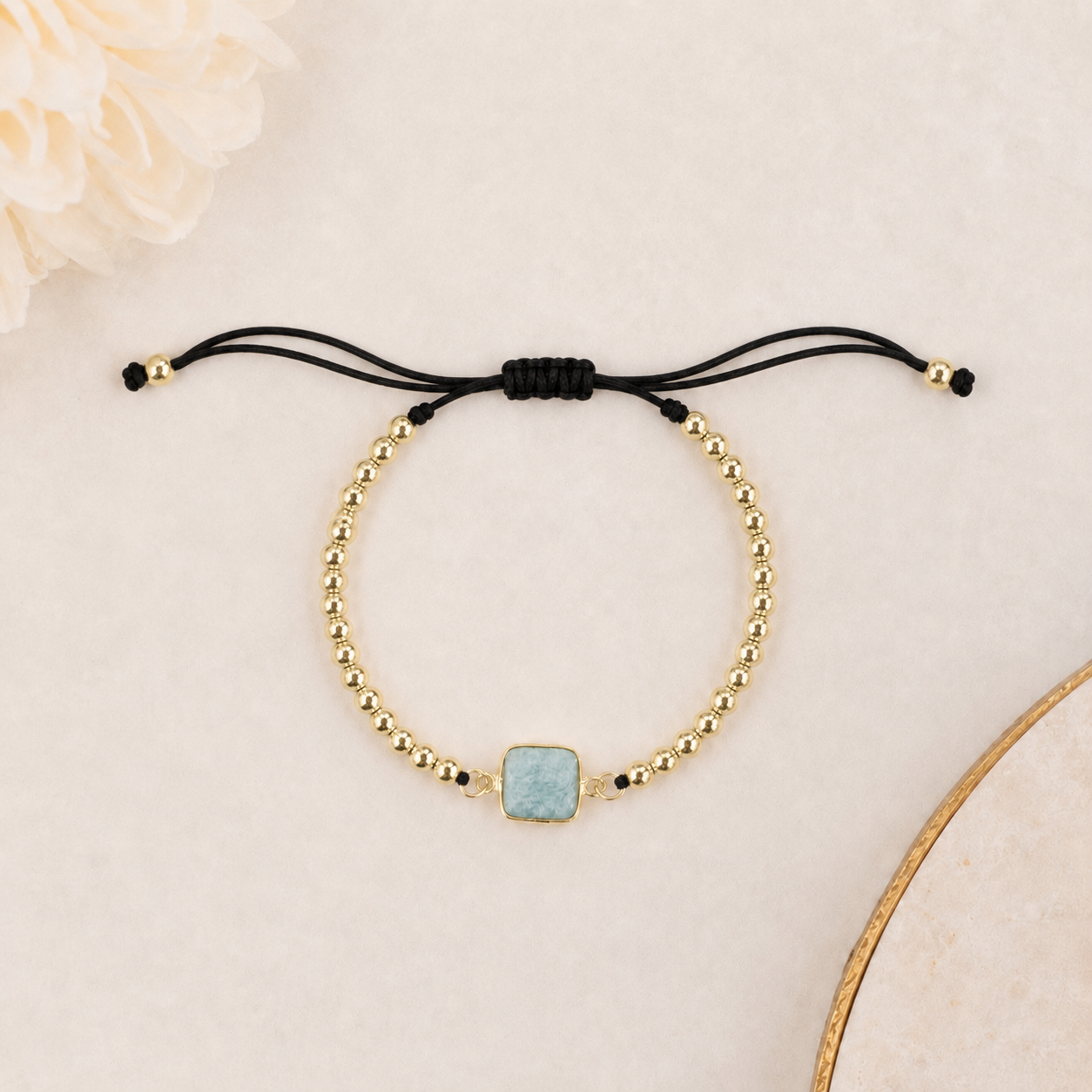 Aquamarine, Moonstone  or Azurite Jasper Gold Beaded Bracelet