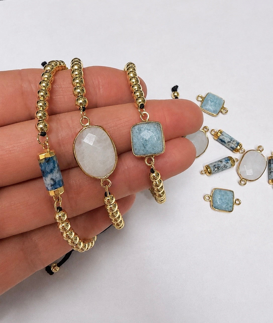 Aquamarine, Moonstone  or Azurite Jasper Gold Beaded Bracelet
