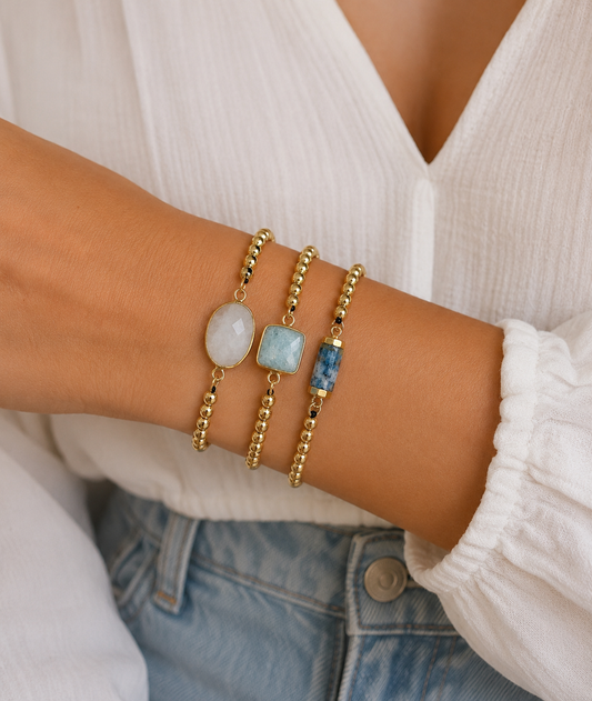 Aquamarine, Moonstone  or Azurite Jasper Gold Beaded Bracelet