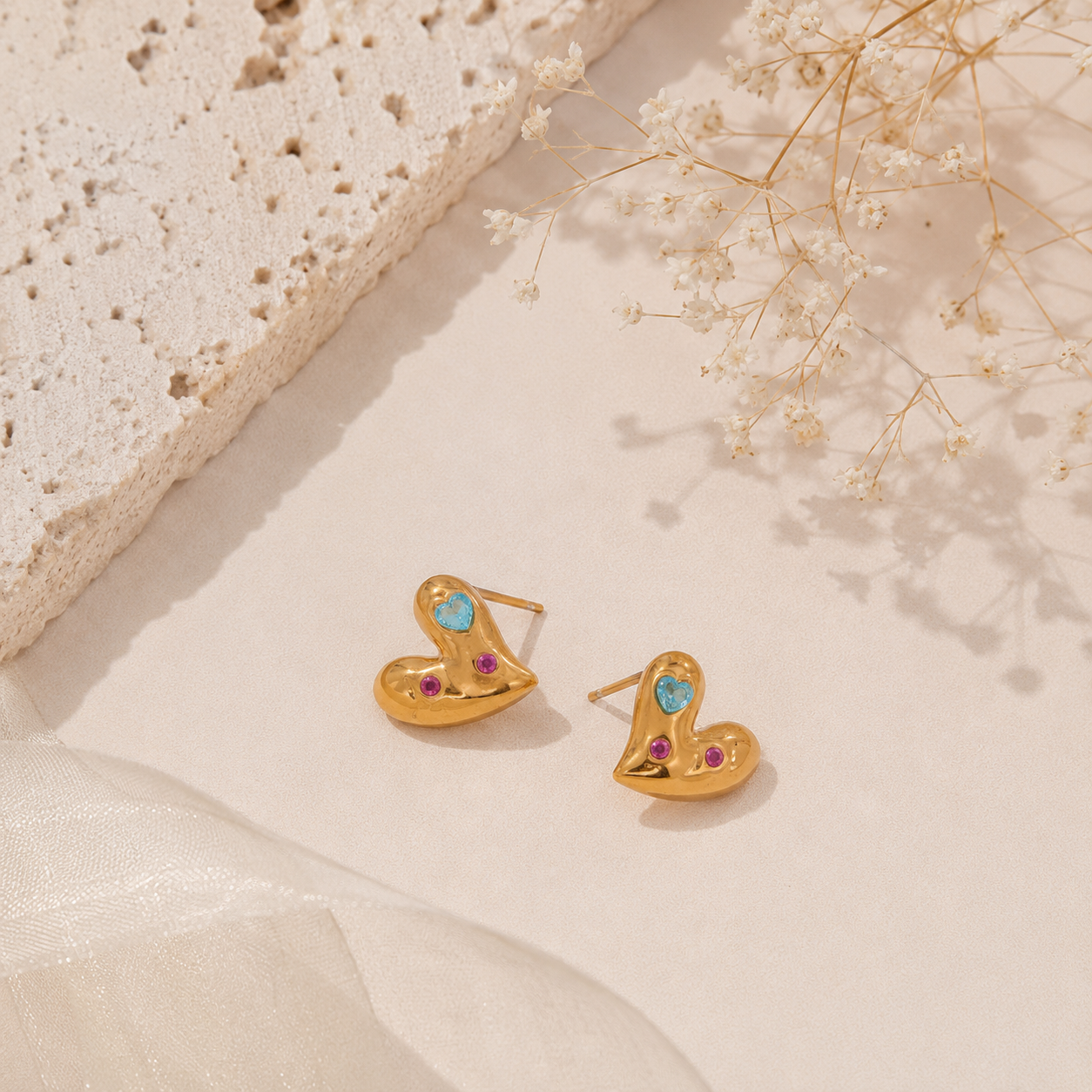 Beautiful Gem Stone Heart Studs