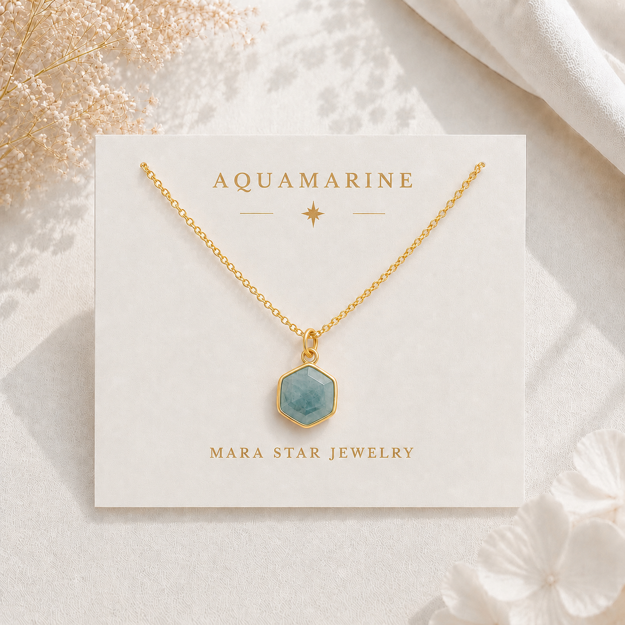 Hexagon Moonstone, Labradorite, Emerald, Aquamarine Necklace: 16K Gold Plated Pendant, June Birthstone