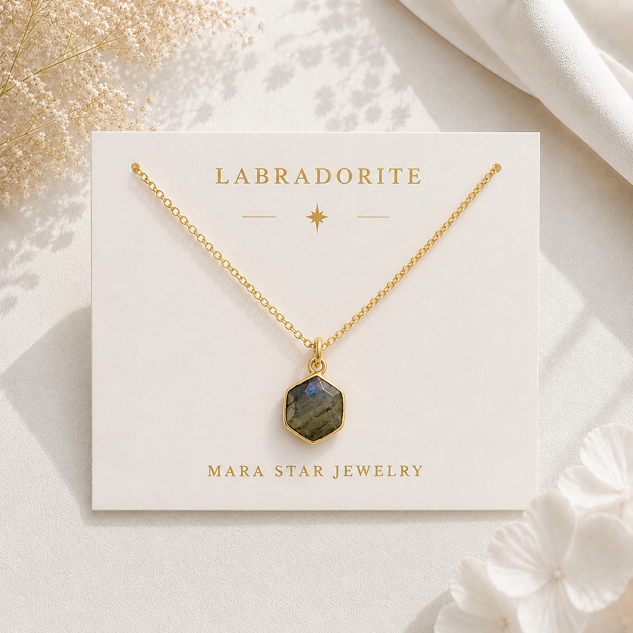 Hexagon Moonstone, Labradorite, Emerald, Aquamarine Necklace: 16K Gold Plated Pendant, June Birthstone