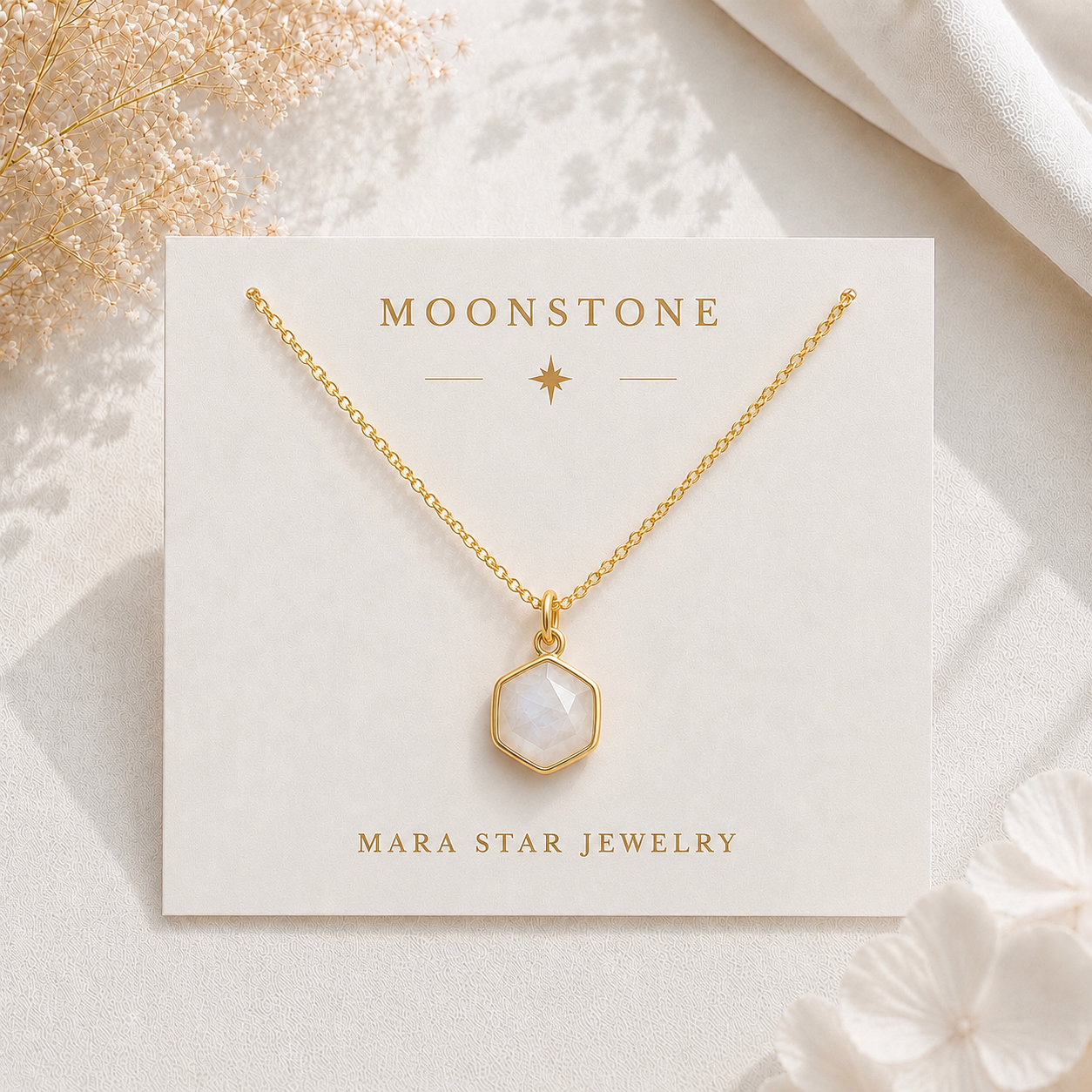 Hexagon Moonstone, Labradorite, Emerald, Aquamarine Necklace: 16K Gold Plated Pendant, June Birthstone